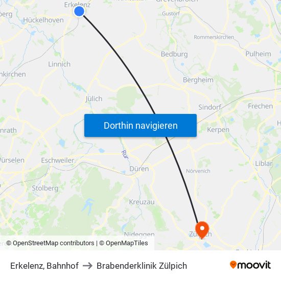 Erkelenz, Bahnhof to Brabenderklinik Zülpich map