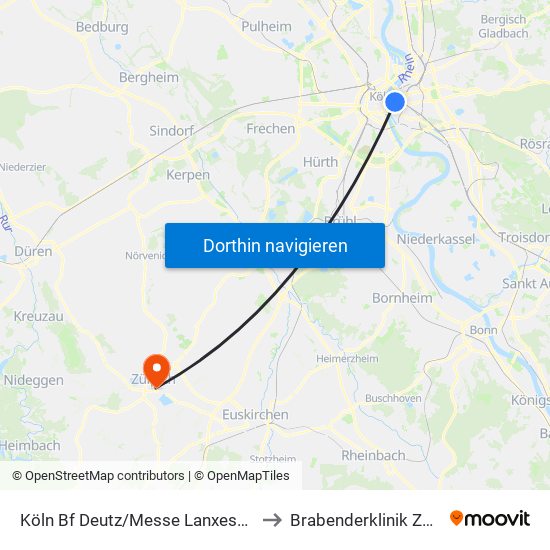 Köln Bf Deutz/Messe Lanxess Arena to Brabenderklinik Zülpich map