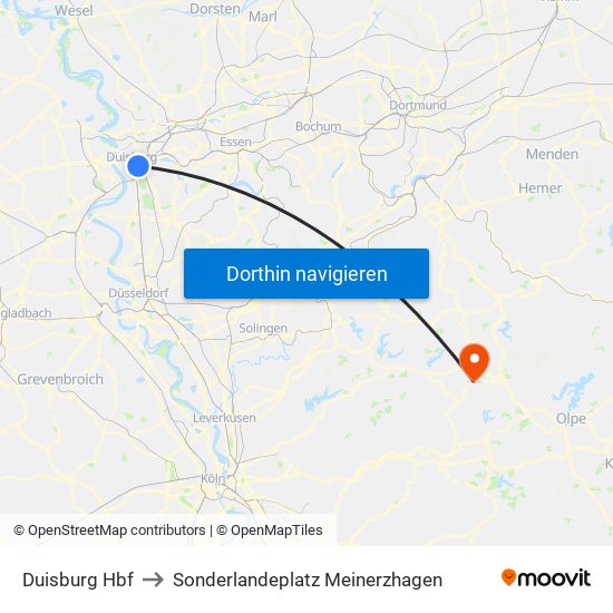 Duisburg Hbf to Sonderlandeplatz Meinerzhagen map