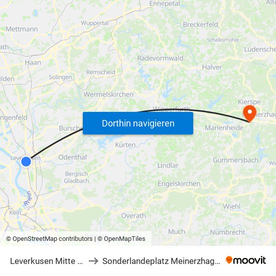 Leverkusen Mitte Bf to Sonderlandeplatz Meinerzhagen map