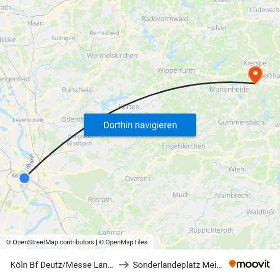 Köln Bf Deutz/Messe Lanxess Arena to Sonderlandeplatz Meinerzhagen map