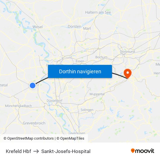 Krefeld Hbf to Sankt-Josefs-Hospital map