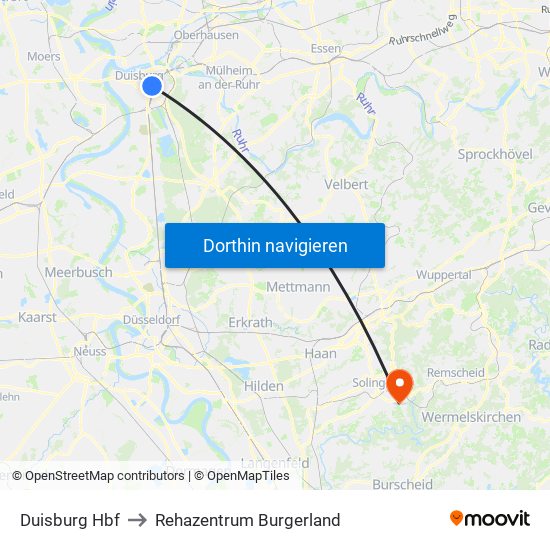 Duisburg Hbf to Rehazentrum Burgerland map