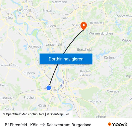 Bf Ehrenfeld - Köln to Rehazentrum Burgerland map