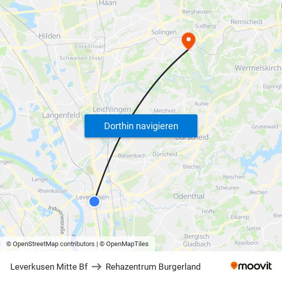 Leverkusen Mitte Bf to Rehazentrum Burgerland map