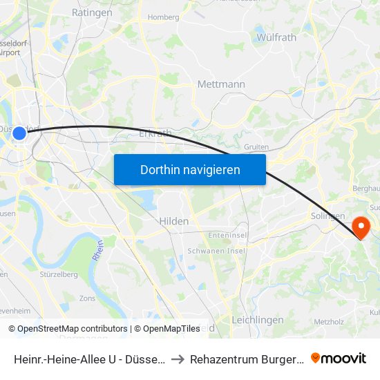 Heinr.-Heine-Allee U - Düsseldorf to Rehazentrum Burgerland map