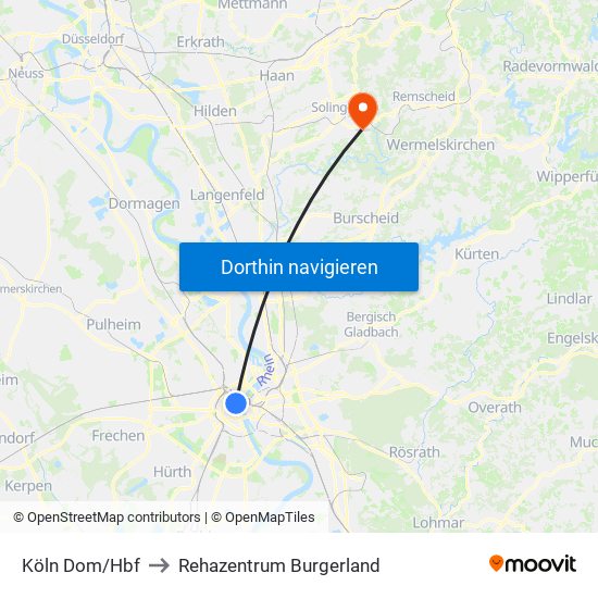 Köln Dom/Hbf to Rehazentrum Burgerland map