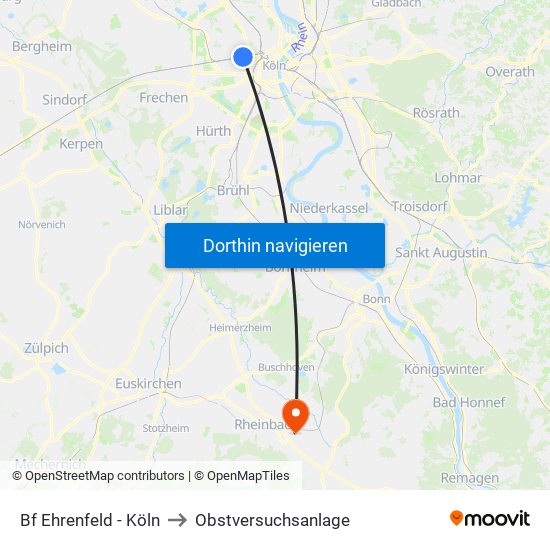 Bf Ehrenfeld - Köln to Obstversuchsanlage map