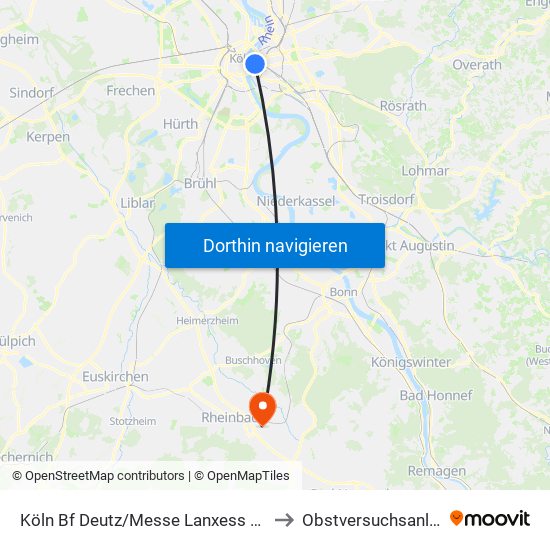 Köln Bf Deutz/Messe Lanxess Arena to Obstversuchsanlage map