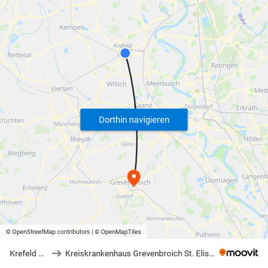 Krefeld Hbf to Kreiskrankenhaus Grevenbroich St. Elisabeth map