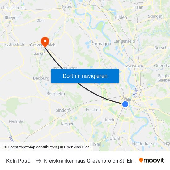Köln Poststr. to Kreiskrankenhaus Grevenbroich St. Elisabeth map