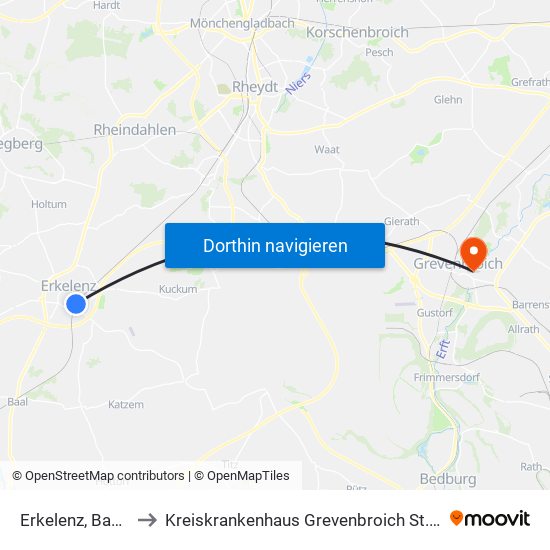 Erkelenz, Bahnhof to Kreiskrankenhaus Grevenbroich St. Elisabeth map