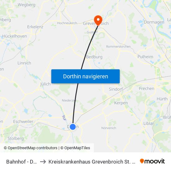 Bahnhof - Düren to Kreiskrankenhaus Grevenbroich St. Elisabeth map