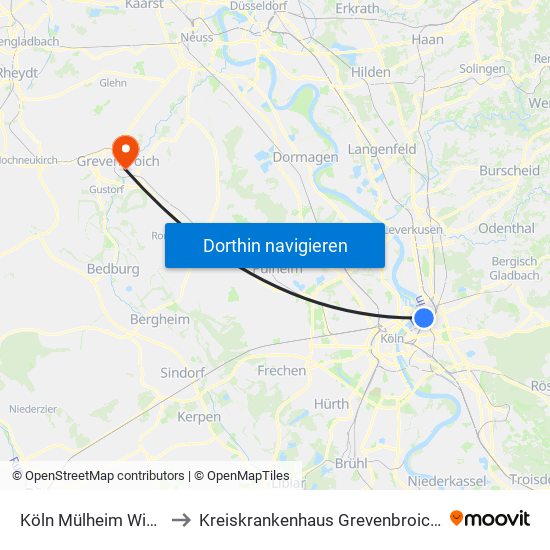 Köln Mülheim Wiener Platz to Kreiskrankenhaus Grevenbroich St. Elisabeth map