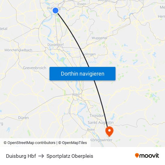 Duisburg Hbf to Sportplatz Oberpleis map