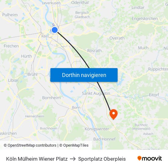 Köln Mülheim Wiener Platz to Sportplatz Oberpleis map