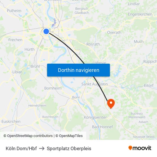 Köln Dom/Hbf to Sportplatz Oberpleis map