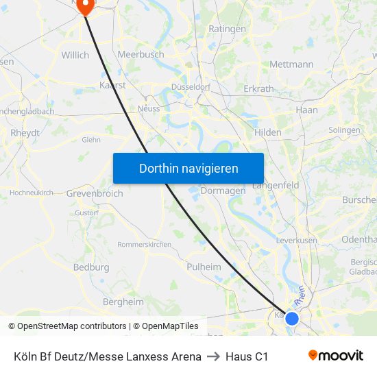 Köln Bf Deutz/Messe Lanxess Arena to Haus C1 map