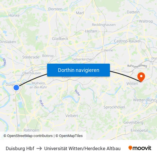 Duisburg Hbf to Universität Witten / Herdecke Altbau map