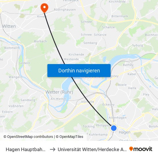 Hagen Hauptbahnhof to Universität Witten / Herdecke Altbau map