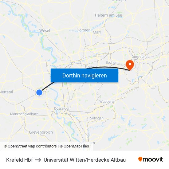 Krefeld Hbf to Universität Witten / Herdecke Altbau map