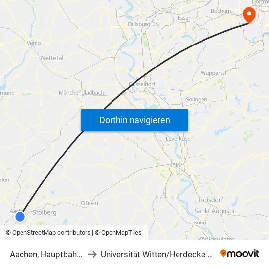 Aachen, Hauptbahnhof to Universität Witten / Herdecke Altbau map