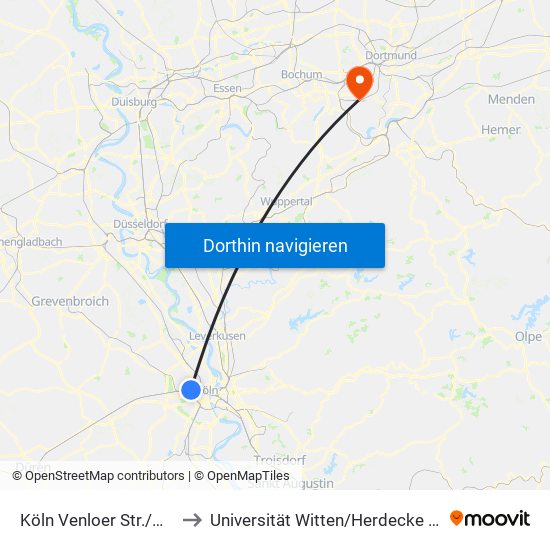 Köln Venloer Str./Gürtel to Universität Witten / Herdecke Altbau map