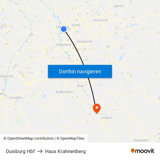 Duisburg Hbf to Haus Krahnenberg map