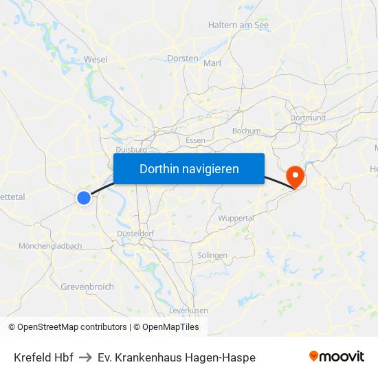 Krefeld Hbf to Ev. Krankenhaus Hagen-Haspe map