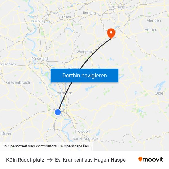 Köln Rudolfplatz to Ev. Krankenhaus Hagen-Haspe map