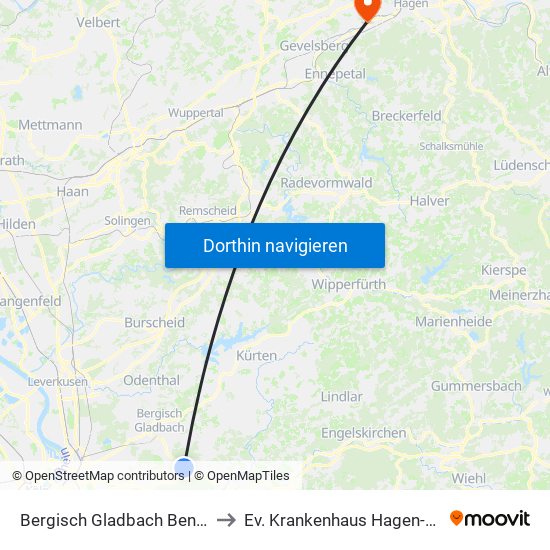 Bergisch Gladbach Bensberg to Ev. Krankenhaus Hagen-Haspe map