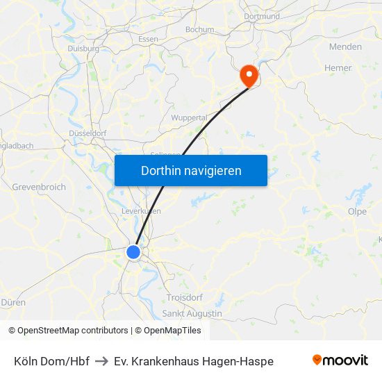 Köln Dom/Hbf to Ev. Krankenhaus Hagen-Haspe map