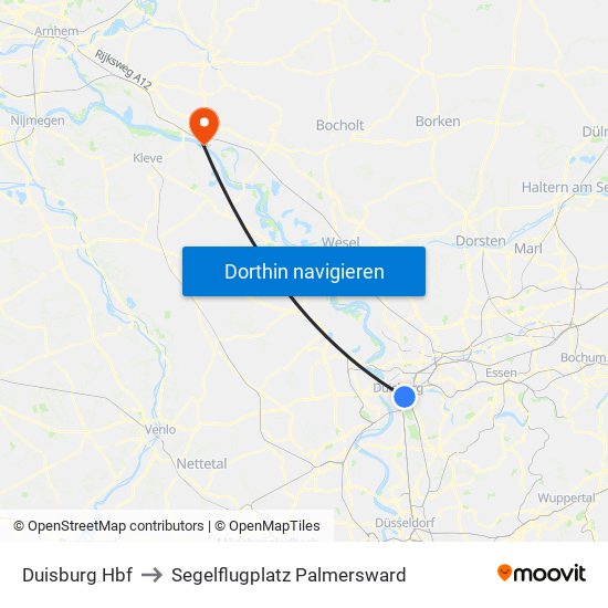 Duisburg Hbf to Segelflugplatz Palmersward map