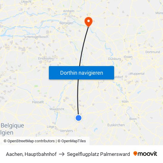 Aachen, Hauptbahnhof to Segelflugplatz Palmersward map