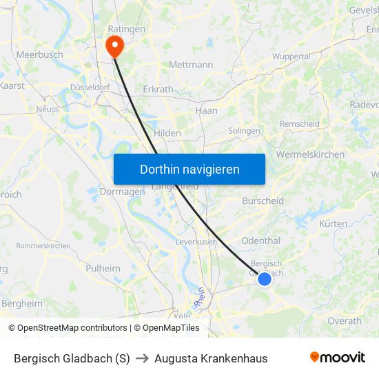 Bergisch Gladbach (S) to Augusta Krankenhaus map