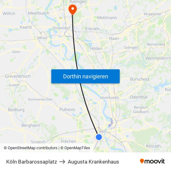 Köln Barbarossaplatz to Augusta Krankenhaus map