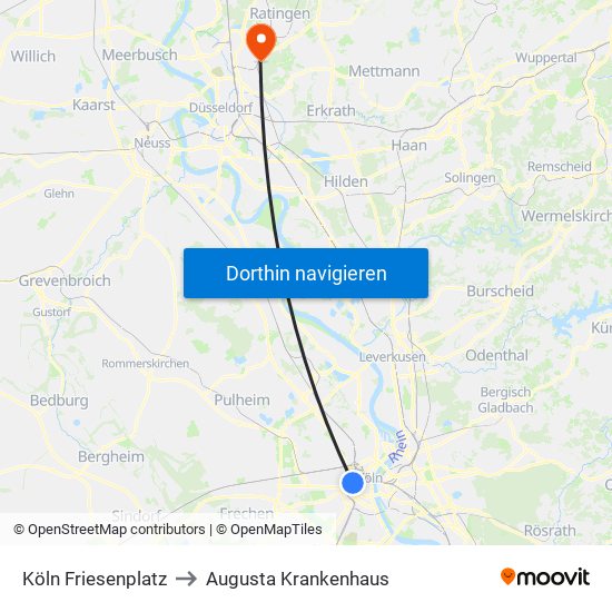 Köln Friesenplatz to Augusta Krankenhaus map