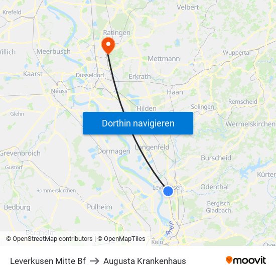 Leverkusen Mitte Bf to Augusta Krankenhaus map