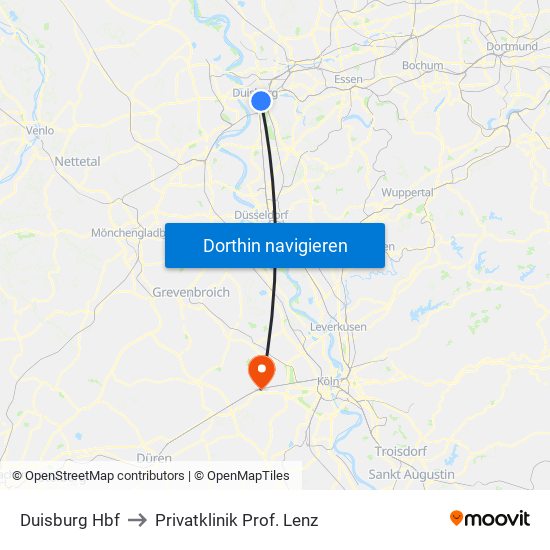 Duisburg Hbf to Privatklinik Prof. Lenz map