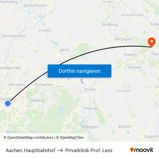 Aachen, Hauptbahnhof to Privatklinik Prof. Lenz map