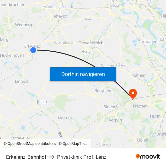 Erkelenz, Bahnhof to Privatklinik Prof. Lenz map