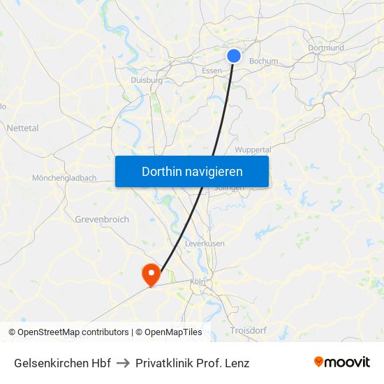 Gelsenkirchen Hbf to Privatklinik Prof. Lenz map