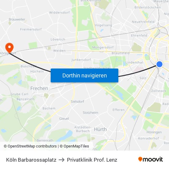 Köln Barbarossaplatz to Privatklinik Prof. Lenz map