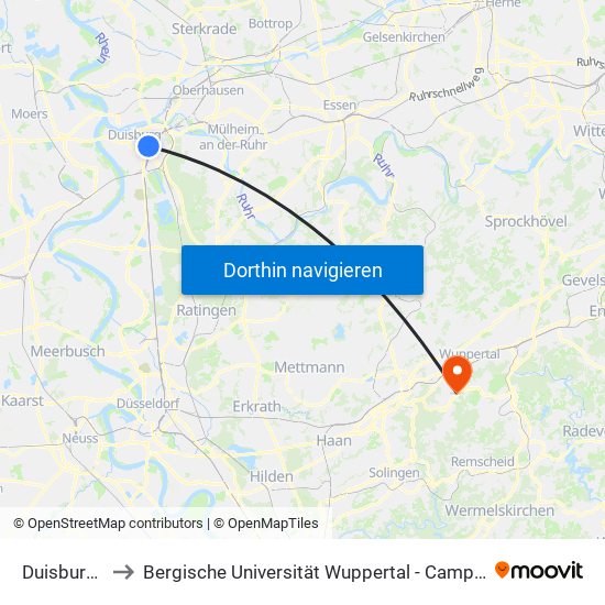 Duisburg Hbf to Bergische Universität Wuppertal - Campus Freudenberg map