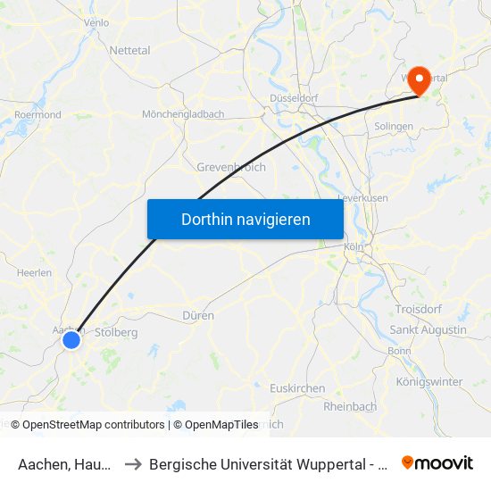 Aachen, Hauptbahnhof to Bergische Universität Wuppertal - Campus Freudenberg map