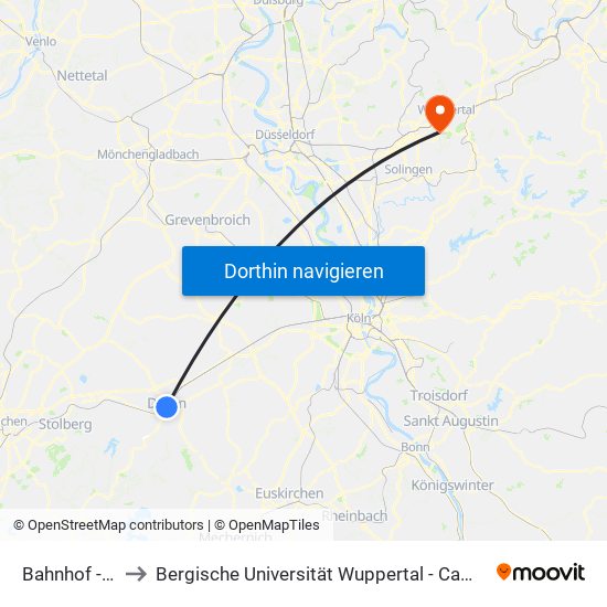 Bahnhof - Düren to Bergische Universität Wuppertal - Campus Freudenberg map