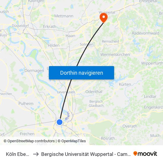 Köln Ebertplatz to Bergische Universität Wuppertal - Campus Freudenberg map