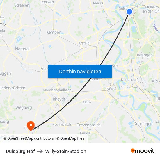 Duisburg Hbf to Willy-Stein-Stadion map