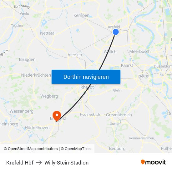 Krefeld Hbf to Willy-Stein-Stadion map