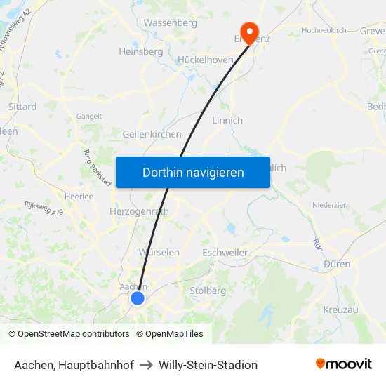 Aachen, Hauptbahnhof to Willy-Stein-Stadion map